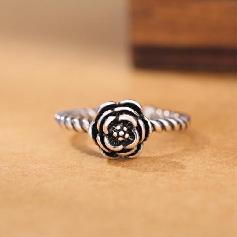 New Retro Personality Black Rose Creative Exquisite 925 Sterling Silver Jewelry Beautiful Flower Gift Opening Rings R072
