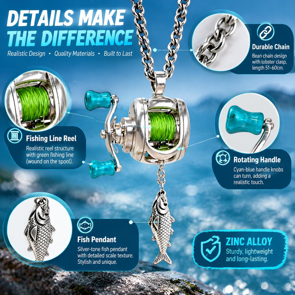 Mini Fishing Reel Jewelry Set Zinc Alloy Ring Necklace Unisex