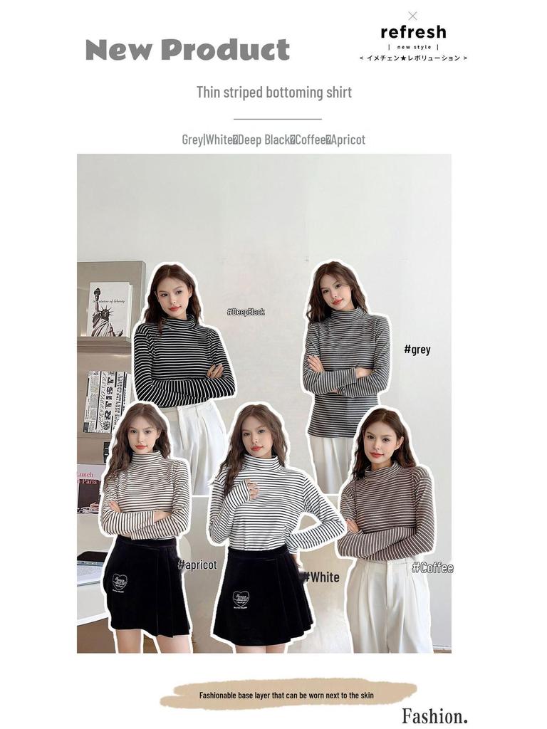 Женский полосатый велюровый пуловер со средней горловиной - Осенне-зимняя теплая приталенная рубашка с длинным рукавом