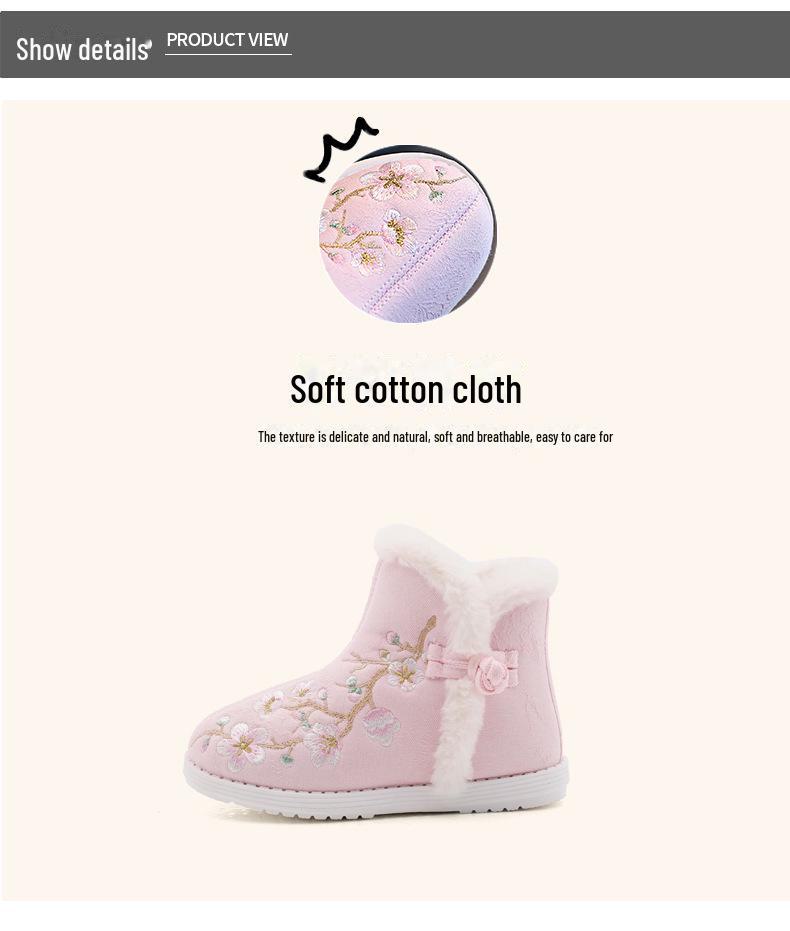 Зимние сапоги для девочек из бархата 2024 года — зимняя обувь в стиле ханьфу с вышивкой для детей