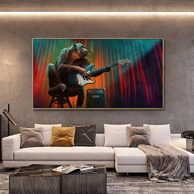 Забавная певица обезьяна играет на гитаре холст искусство живопись крутой постер и принты обезьяна животное картина декор для дома комнаты стены