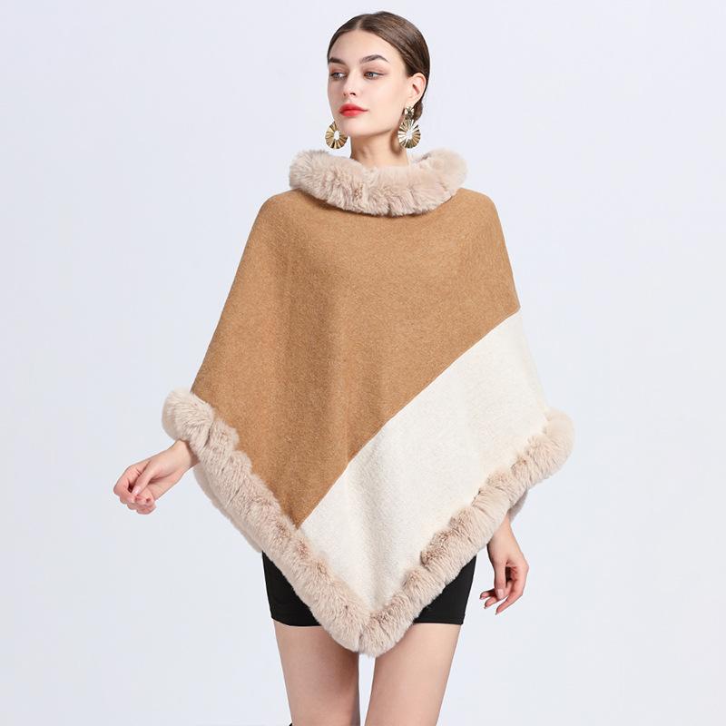Winter Faux Rabbit Fur Cloak Women Triangle Beige Camel Contrast Color Poncho Fashion Cape Loose Pullovers Outstreet Wear Coat