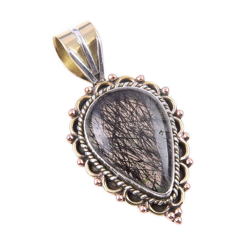 Natural Black Rutile 925 Solid Sterling Silver TwoTone Gift Pendant 1.50" r2P02