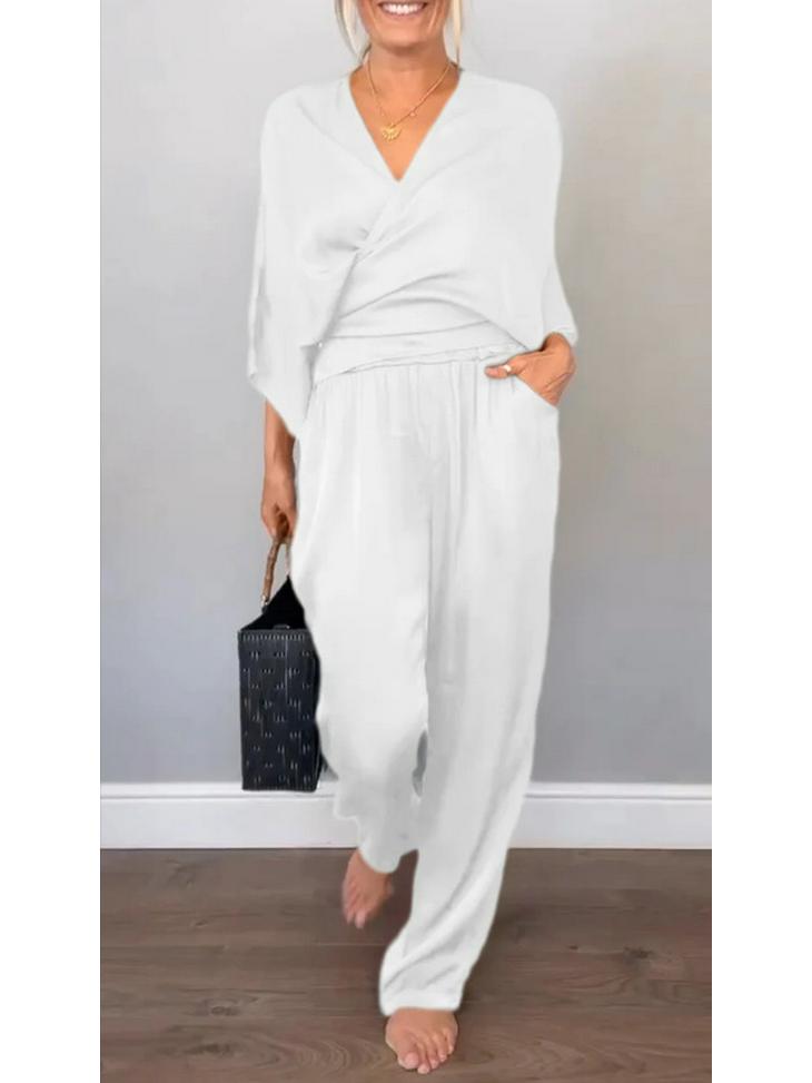 Европейский и американский однотонный атласный женский летний комплект с коротким рукавом (топ и брюки) (2025)