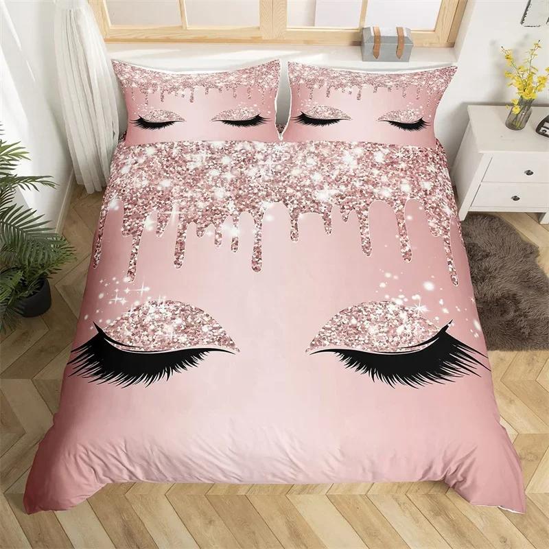 Eyelash Duvet Cover Set Eyes Pattern Design Comforter Cover Microfiber Girly Priness Style Glitter Twin King Queen Bedding Set