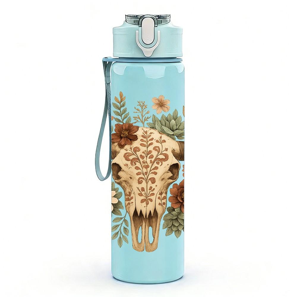 1PC Vintage Bull Skull 750ml Color Plastic Sports Water Bottle Leakproof Flip Straw Lid Suitable for Sports Office Home Use