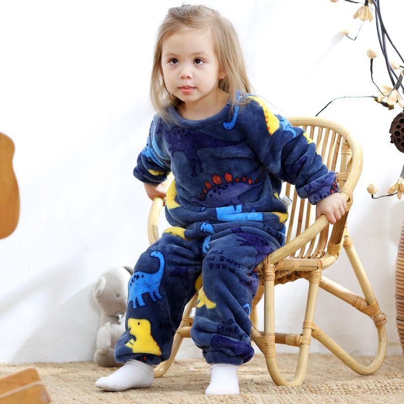Фланелевый домашний костюм для мальчиков 2024: Пижамы из кораллового флиса для маленьких девочек, осенне-зимняя одежда для сна с длинными рукавами для младенцев