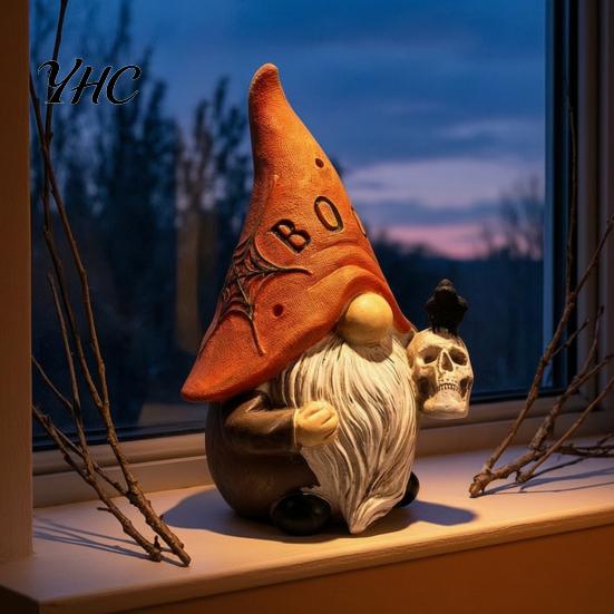 Skeleton Crow Figurine Set Halloween Gnome Statue, EEK BOO Resin Elf Dwarf with Pumpkin Cute Desk Accessories Skull, Spooky Tabletop Ornament