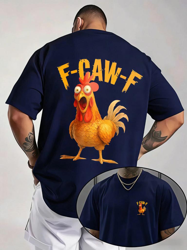 Navy Unisexs Tee Cartoon Rooster F Caw F Letter Print Crew Neck Cotton Short Sleeve Humor Male Street Summer Soft Daily Casual Wear