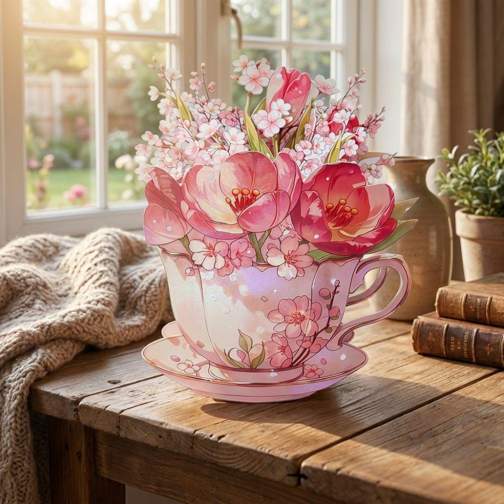 Handmade Flowers Teacup Greeting Card Surprise Gifts 3D Pop Up Bouquet Card  Wedding