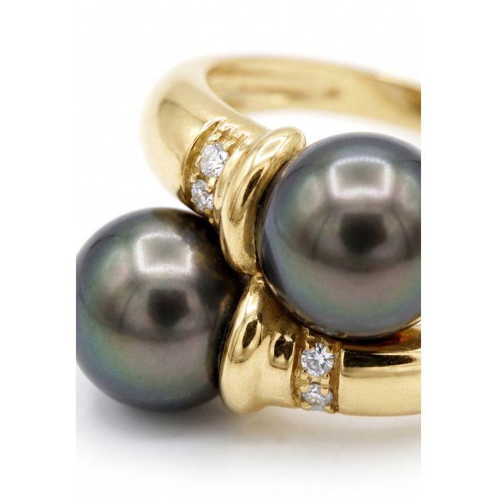 Bague - Pearls & Colors - Toi & Moi - Perle de Culture de Tahiti 8-9 mm Rondes - Or Jaune 375/1000 - Qualité A+ - Diamant - Femme