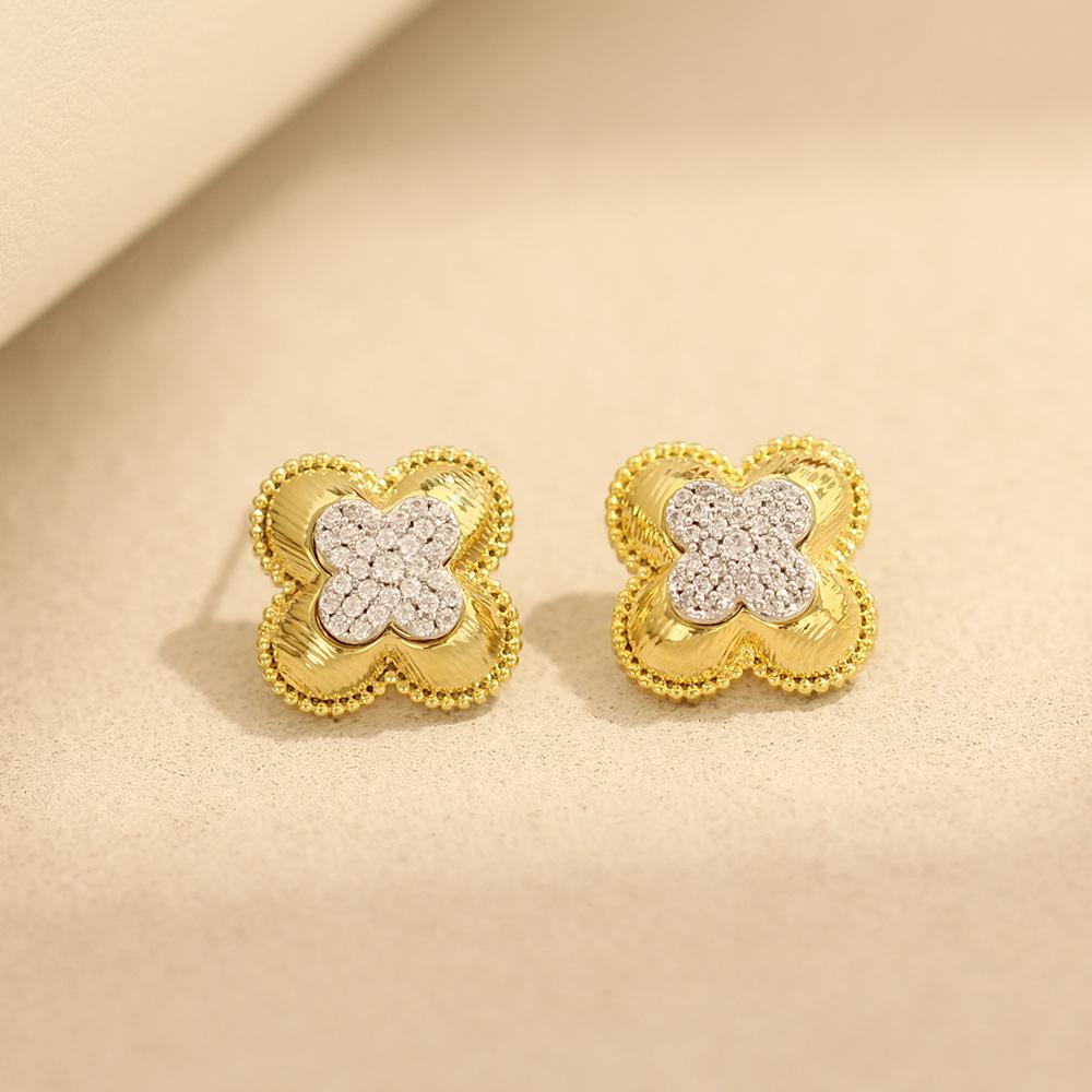 European and American niche two-color gold electroplated earrings exquisite micro-inlaid zircon leaf earrings 925 silver needle earrings women's acces