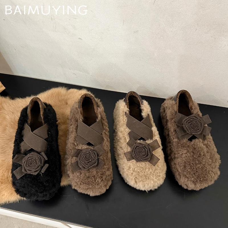 Fur Flower Women Flats Loafers Shoes Warm Cotton Fluffy Slippers 2025 Trend Winter Warm Snow Boots Sneakers Ballet Dance Shoes