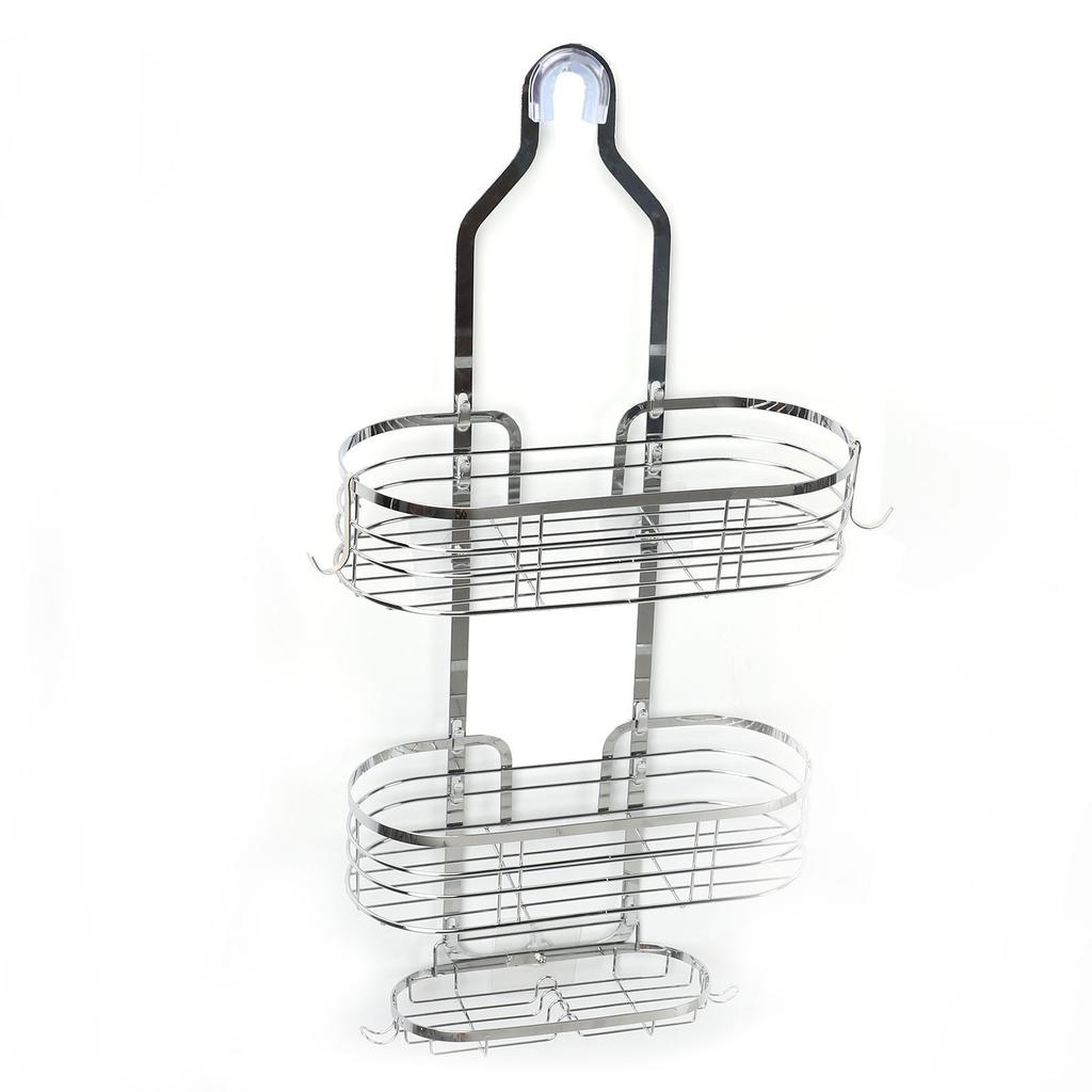 Shower Caddy Hanging Over Head Iron Bathroom Organizer Shelves with Soap Holder 2 Hooks for Towels Sponge Silver