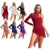 Womens Asymmetrical Lyrical Dancewear Long Sleeve Spaghetti Straps Patchwork Irregular Hem Dresses