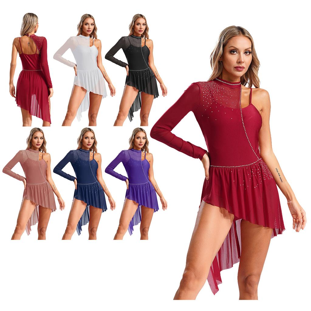 Womens Asymmetrical Lyrical Dancewear Long Sleeve Spaghetti Straps Patchwork Irregular Hem Dresses
