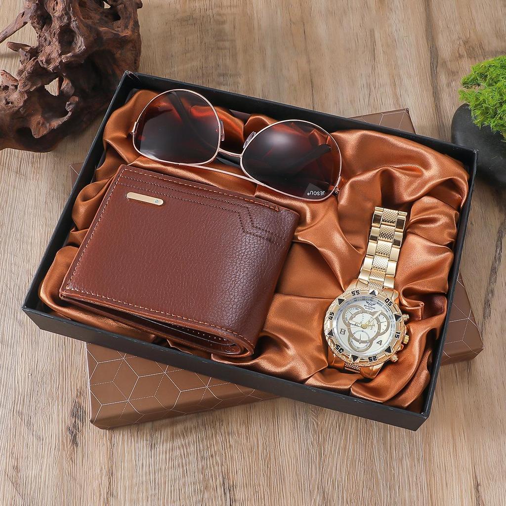 Роскошный подарочный набор: Ремень, Кошелек, Галстук, Кварцевые часы с большим циферблатом (Случайные запонки и галстук)