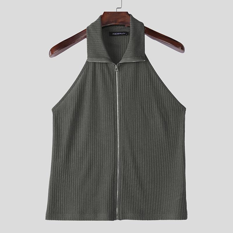 INCERUN Summer Men Sleeveless Zipper Rib Tank Tops T-shirts