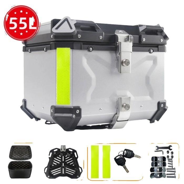 Boîte de Casque de Moto, Alliage d'Aluminium, Design Étanche, 55L Argent
