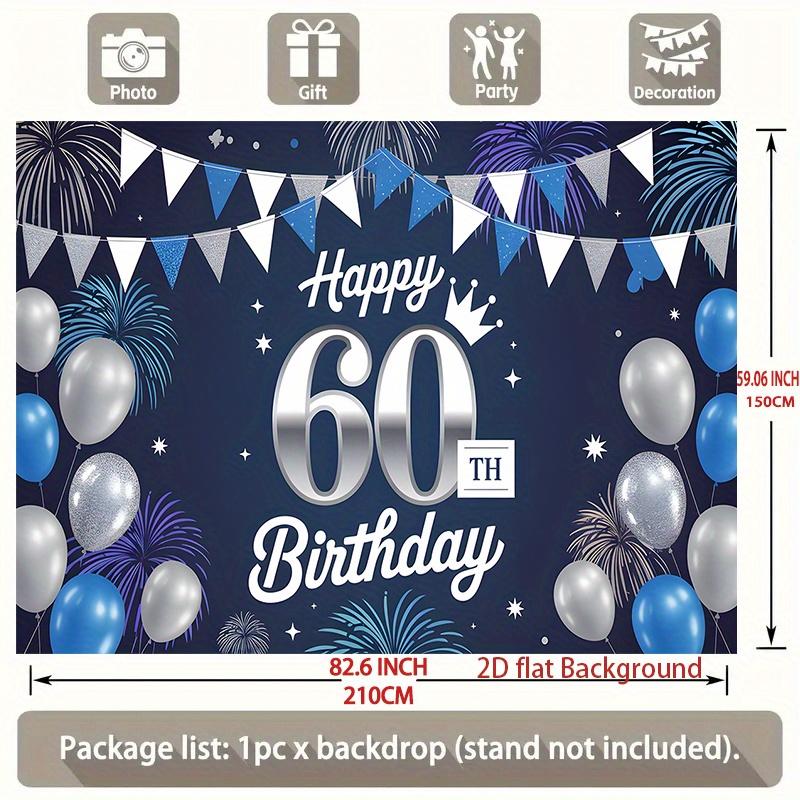 1pc Birthday 60th Balloon Elegant Hanging Banner Blue White Polyester