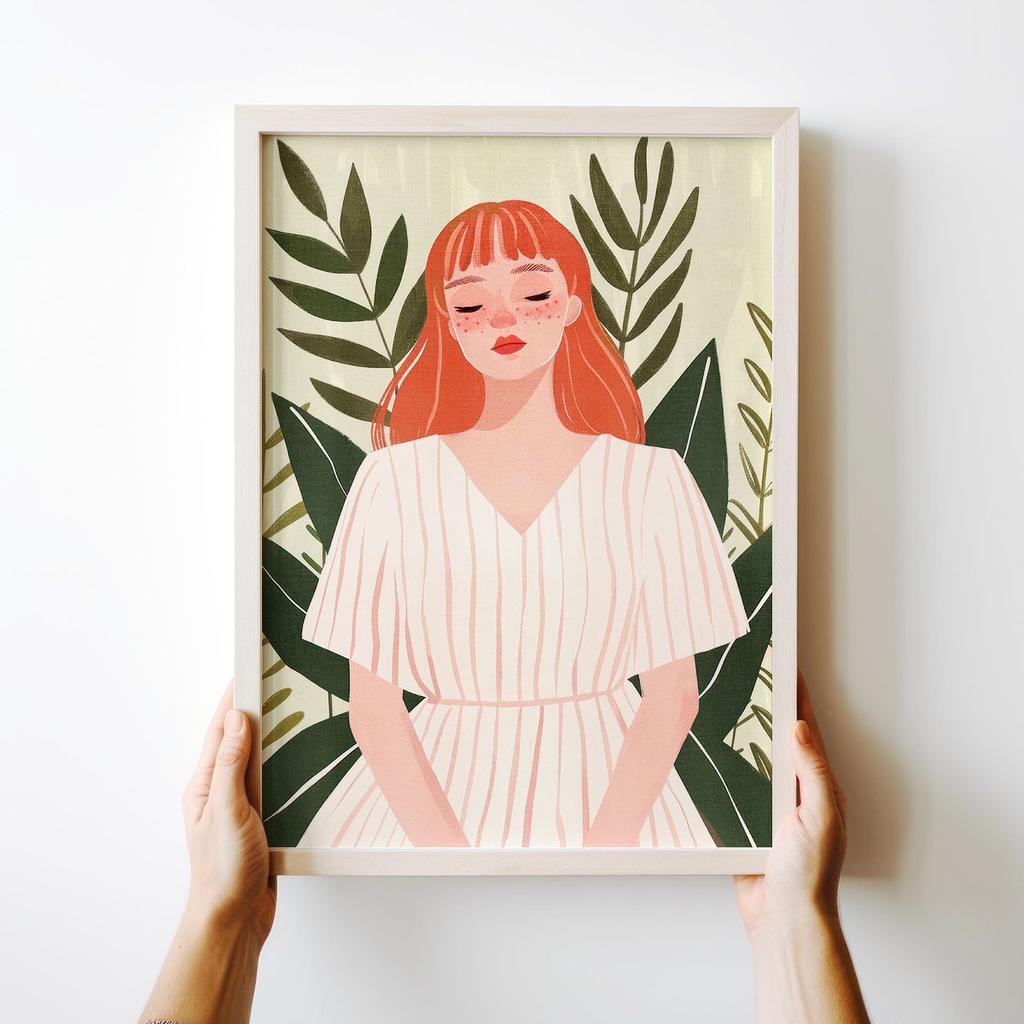 Plakat ilustracja kobieta zielone liście