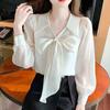 Мода 2024 Осень Длинный рукав Лук Отложной воротник Повседневный Абрикосовый шифон Блузка Рубашка Женские топы Блузки Рубашки J540