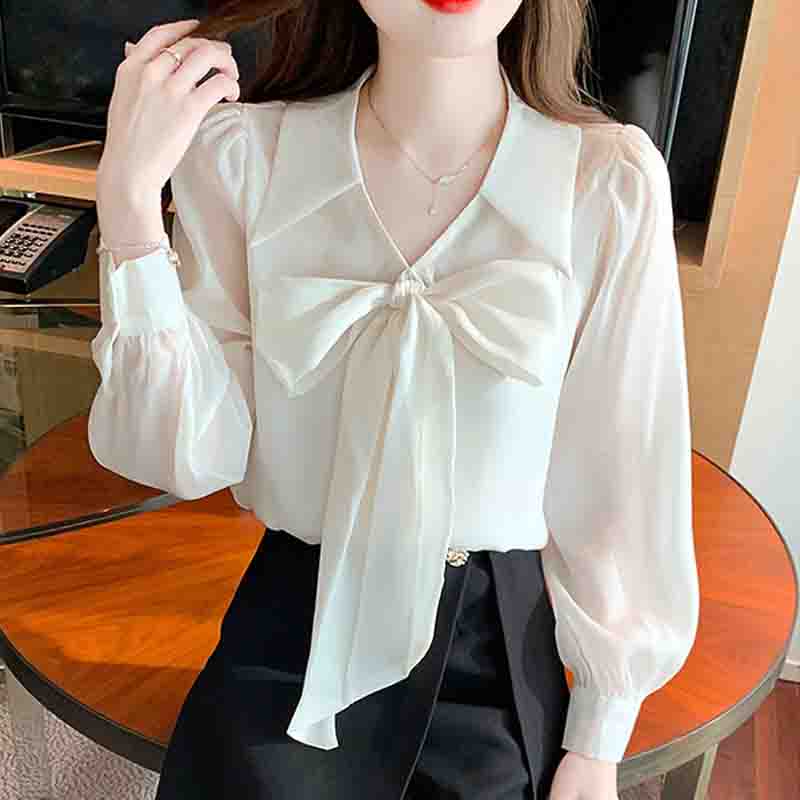 Мода 2024 Осень Длинный рукав Лук Отложной воротник Повседневный Абрикосовый шифон Блузка Рубашка Женские топы Блузки Рубашки J540