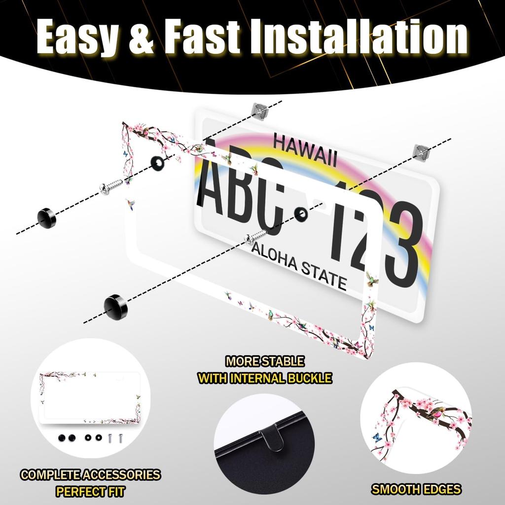 Рамка для номерного знака с колибри, цвет вишневого цвета, с цветами, держатель для номерного знака, цветная рамка для номерного знака для украшения автомобиля, птица из нержавеющей стали, для автомобиля