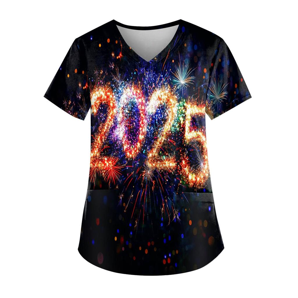 Women's Fashion New Year Printed Short Sleeve V-Neck Top Small Pocket Work T-Shirt