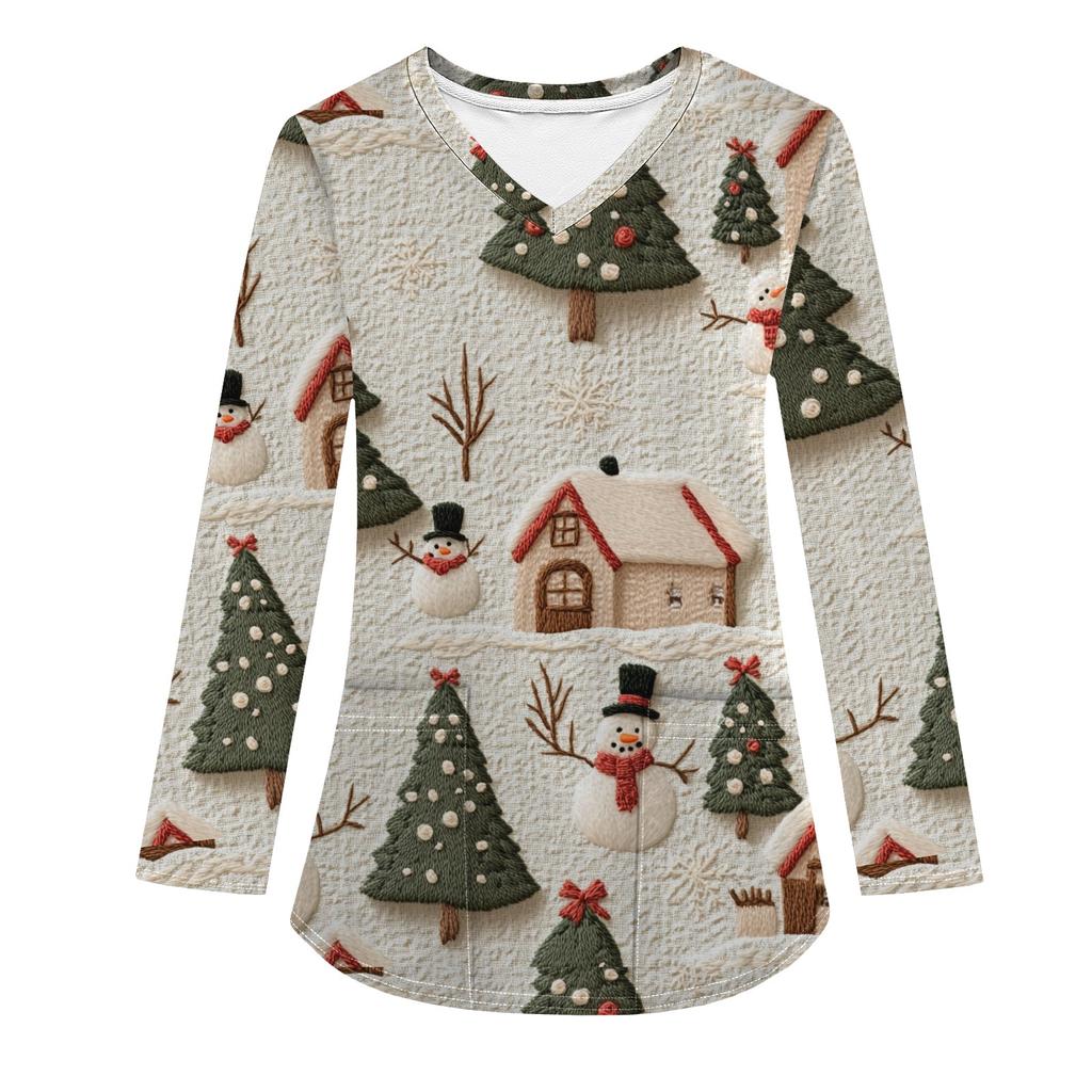 Женская модная рабочая одежда с V-образным вырезом, длинным рукавом и карманом, рождественский принт, футболка, топ
