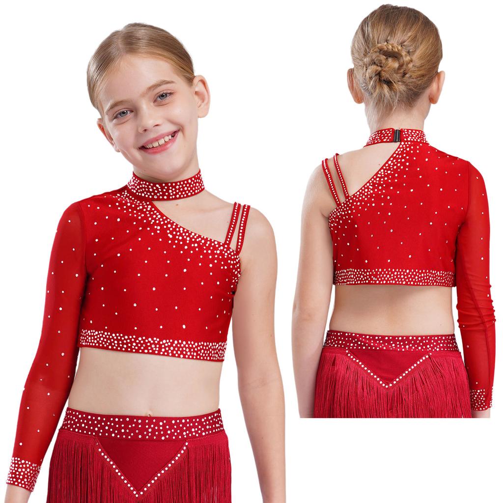 Детский топ для танцев для девочек, блестящий, с стразами, укороченный топ, уникальный асимметричный дизайн плеча для сценического выступления и танцевального конкурса