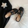 Cowhide Version Su Yinyin Round Head Double Buckle Rear Empty Single Shoes One Pedal Flat-bottomed Lazy Bag Head Slippers Women's Sandals