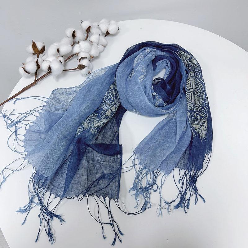 Linen Tie-Dye Scarf Gradual Change Blue Dye Batik Scarf Women'S Style Shawl Fringed Warm Silk Scarf