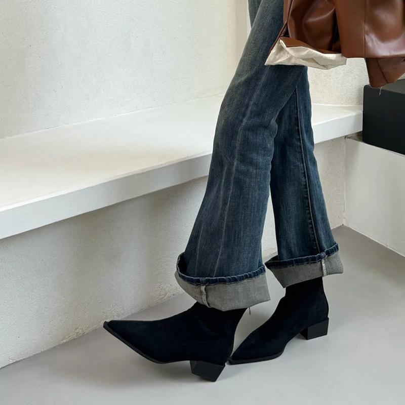 Дизайнерские женские ботильоны, модные, с острым носком, короткие, женские, повседневные, на толстом каблуке