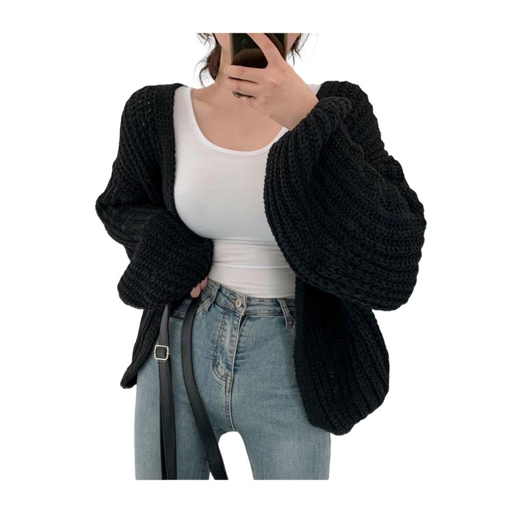 Повседневный свитер-пальто, стильный женский свитер с V-образным вырезом и рукавами-фонариками, повседневный трикотаж для повседневной носки, однотонная шерсть