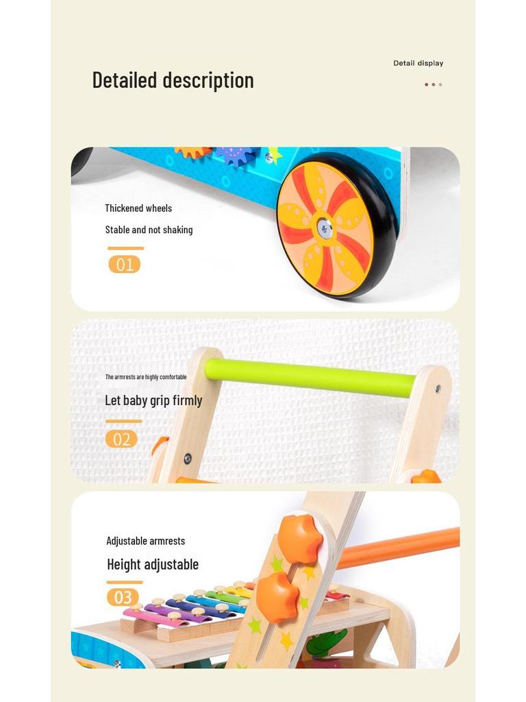 Детская деревянная каталка-толкалка с кубиками, ксилофоном, пазлом и игрушками для сопоставления