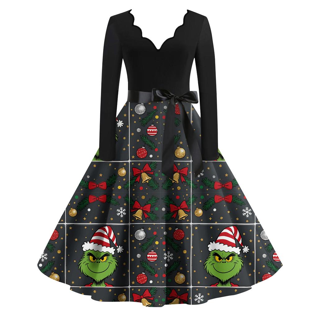 Женское модное ретро платье с длинным рукавом, квадратным вырезом, рождественским принтом, вечернее платье