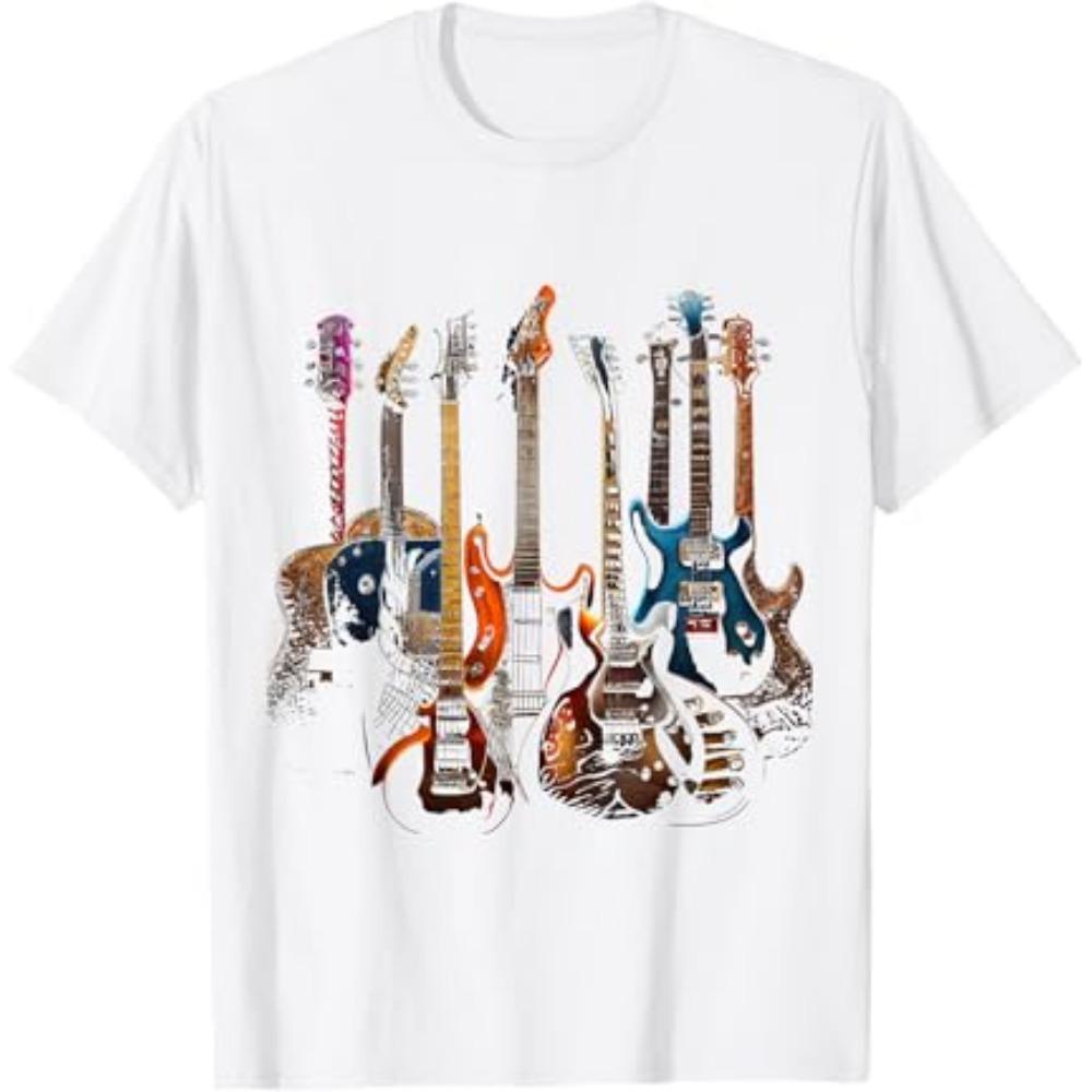 Summer Unisexs Guitar Print Round Neck Short Sleeved 100 Pure Cotton Soft Breathable Neutral Hiphop Party Tshirt Large Size