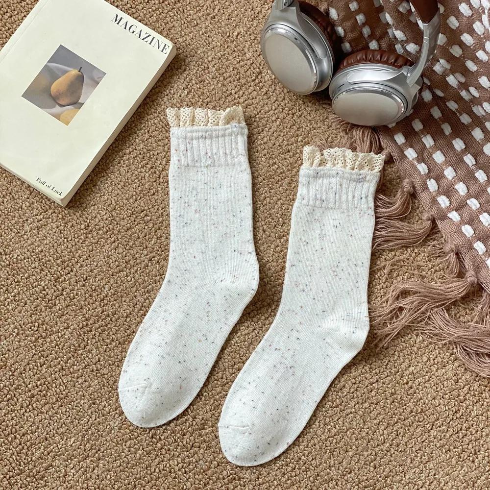 Solid Lace Ruffle Women Socks Japanese Fashion Middle-tube Lace Socks Women Korean Style Solid Color Black White Gray Long Socks