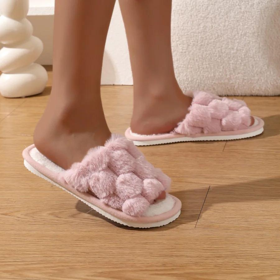 Women Fashion Fur Slippers Fluffy Warm Plush Slippers Woman Flat Non Slip Indoor Slides Open Toe Warm Non-slip Cotton Slippers