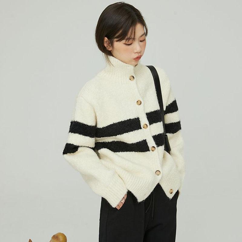 Французский винтажный полосатый свитер с высоким воротником, пальто, кардиган, женский 2023, осень/зима, новый свободный вязаный свитер, кардиган, женский топ