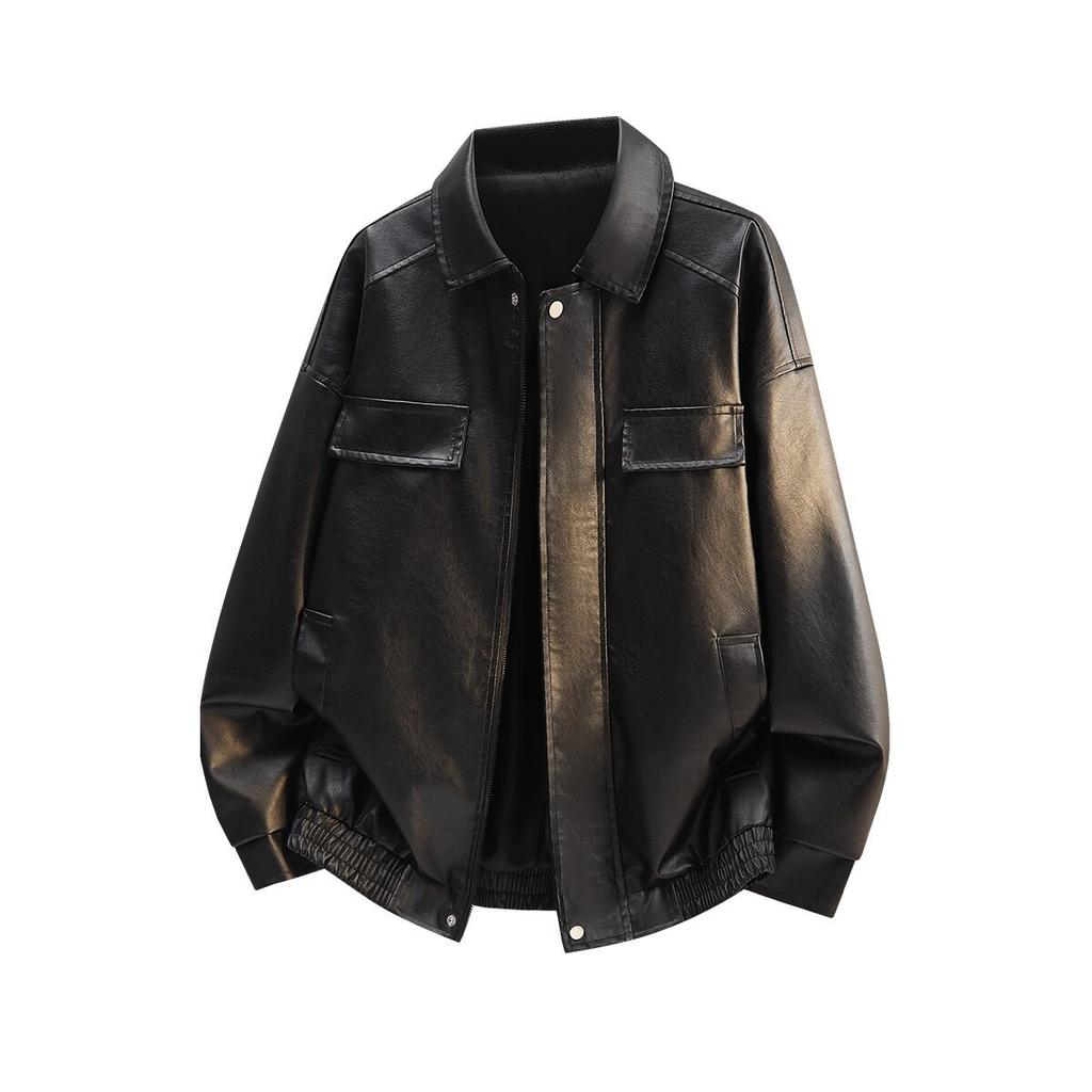 Men's leather jacket spring and autumn new lapel loose casual coat khaki black versatile short jacket men
