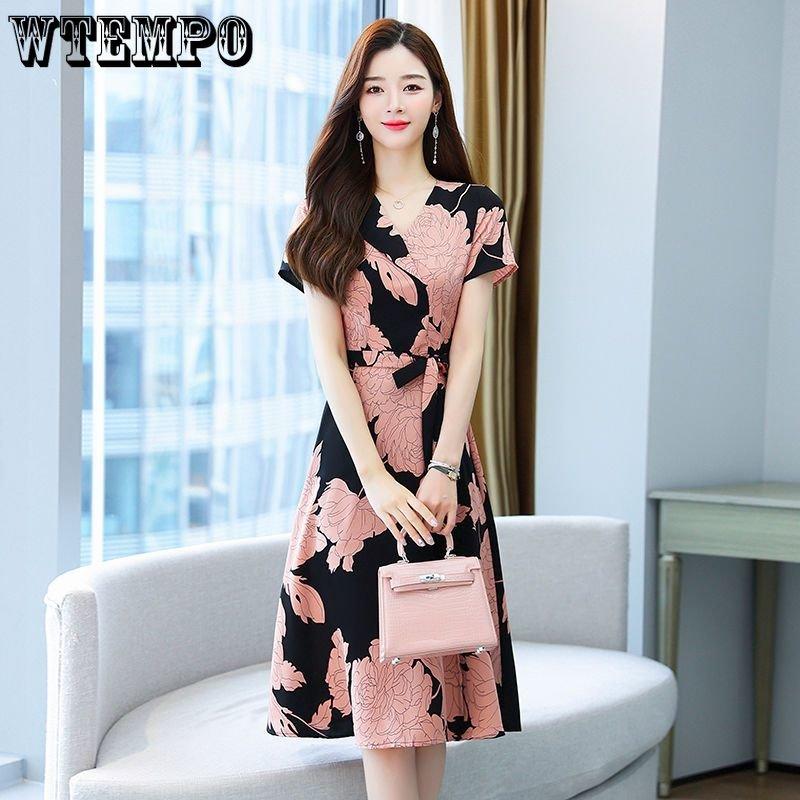 Женское элегантное платье из шифона со шнуровкой на талии, темпераментное платье средней длины с разрезом и цветочным принтом