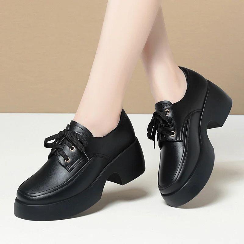 Elegant Versatile Lace Up Comfortable Soft Leather Shoes Woman New Retro Thick Sole High Heel Casual Single Shoes