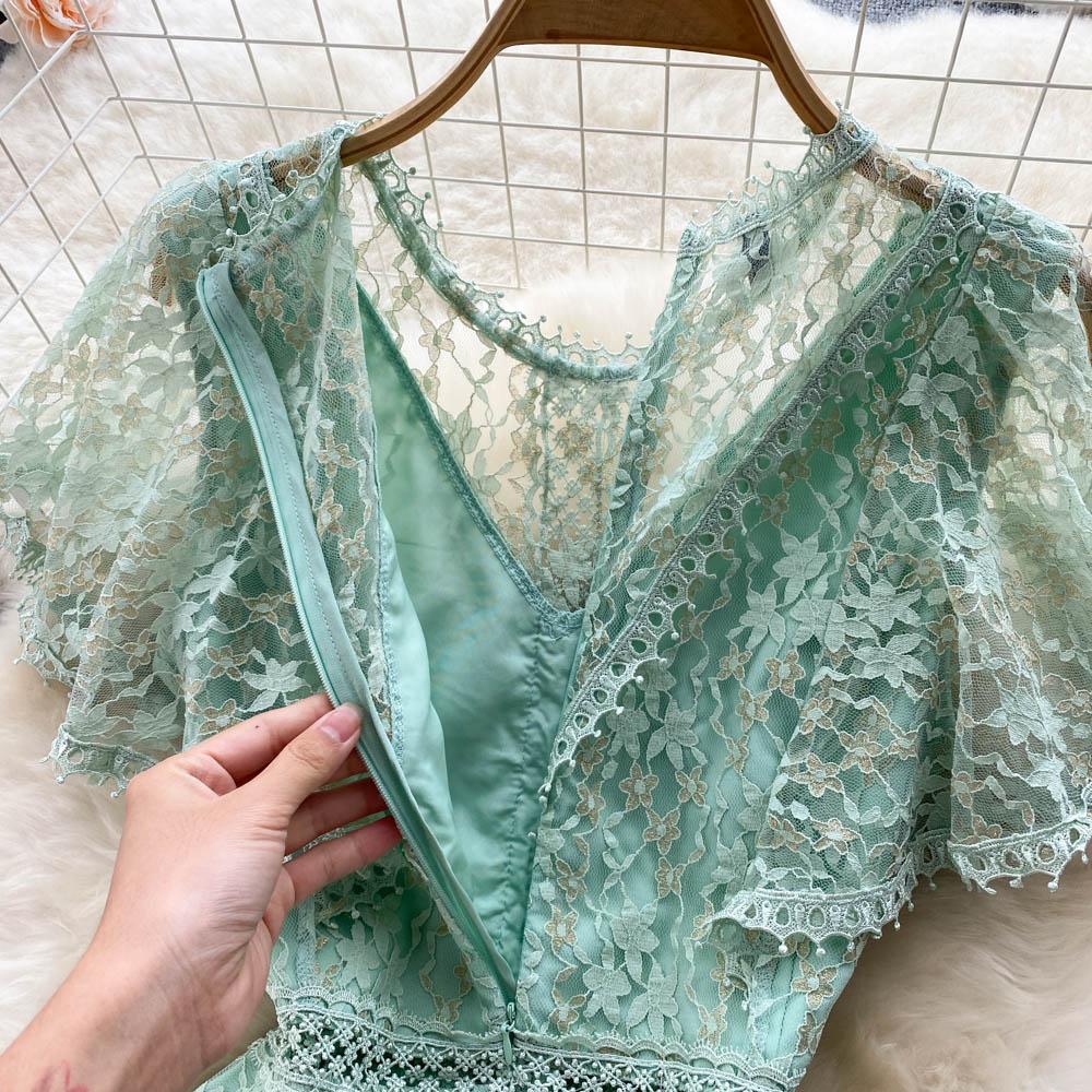 Женское зеленое кружевное вечернее платье с рукавами-крылышками, летние элегантные платья во французском стиле с вырезом и круглым вырезом, женские однотонные повседневные платья до середины икры