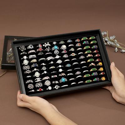 100 слотов держатель для колец витрина для колец черный органайзер для ювелирных изделий с прозрачной крышкой коробки для колец для нескольких колец(Кольцо-органайзер)