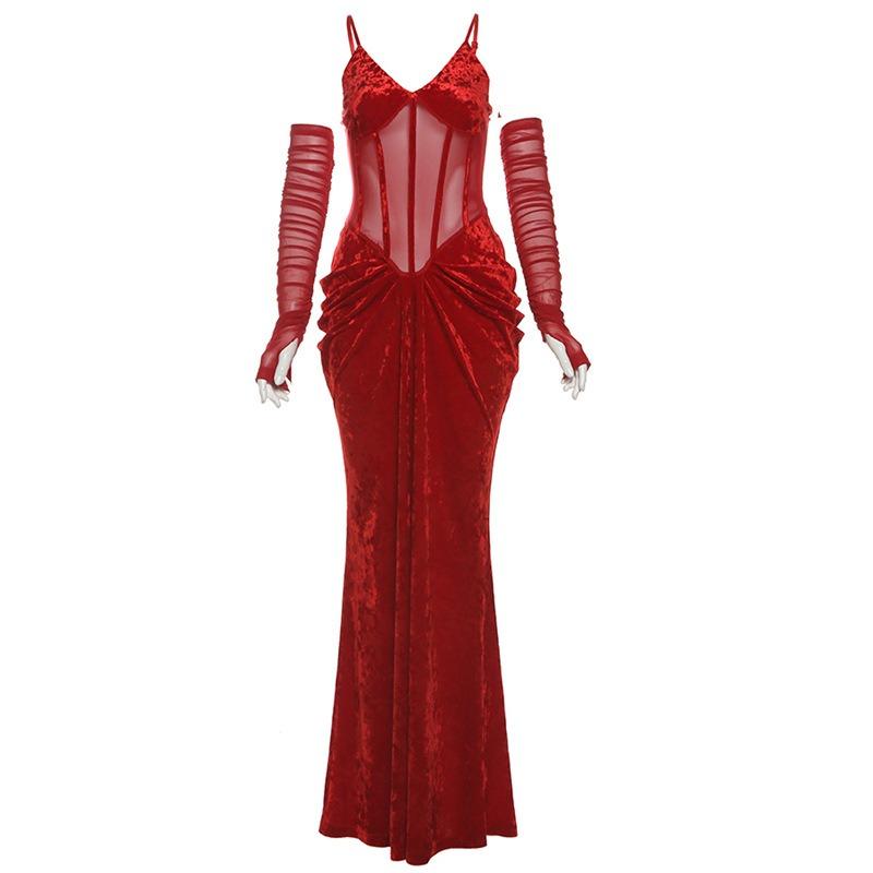 Осенне-зимнее женское однотонное облегающее платье с высокой талией и V-образным вырезом на бретелях-халтерах