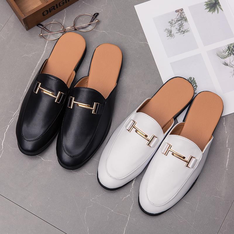 Fashion Fashion Men's Slip-on Half Slippers 2025 High Quality Leather Men Shoes Classic Mules Non-slip Half Shoes Summer White Moccasins