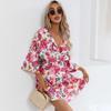 Women's Summer Ethnic Printed Short Sleeve High Waist A Line Lace Up Dress