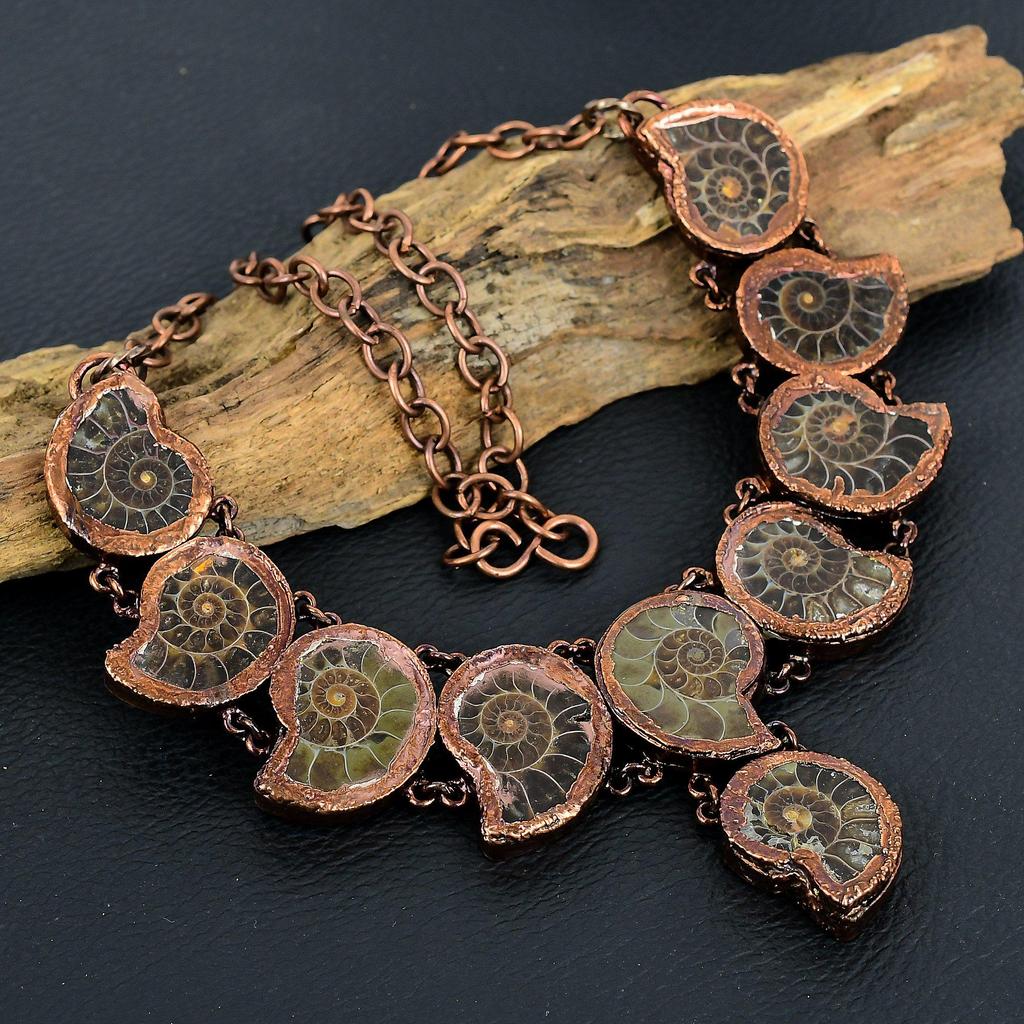 Ammonite Fossil Copper Electroformed Necklace with Adjustable Chain, Handmade Gemstone Jewelry Necklace For Memorial Day